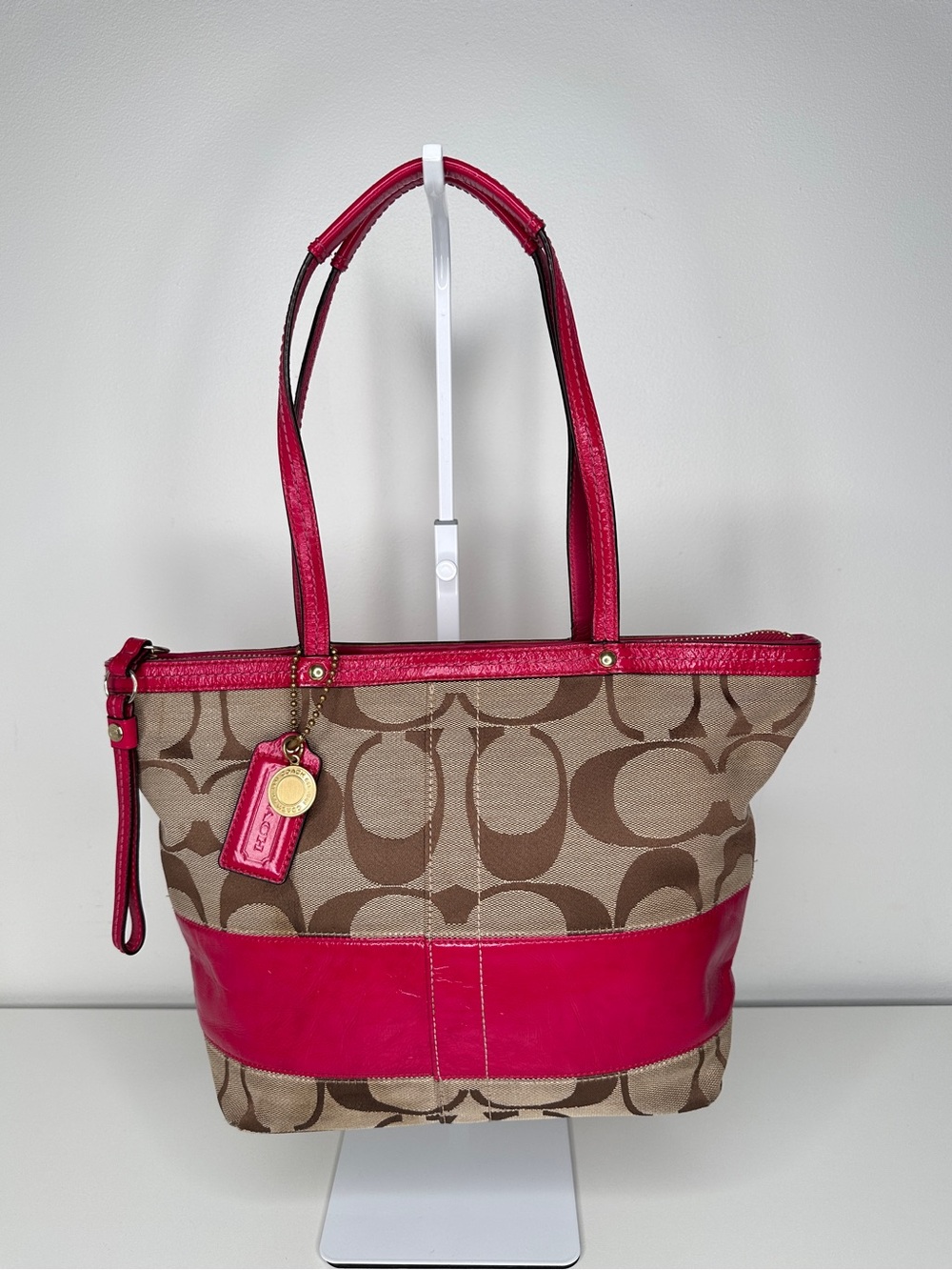Coach Signature Stripe Patent Tote Shoulder Bag